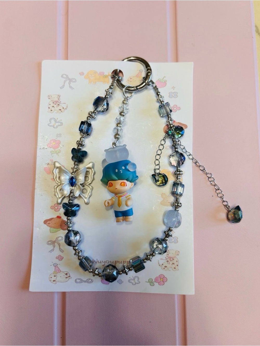 Blue Beaded Charm Keychain with Butterfly Accent